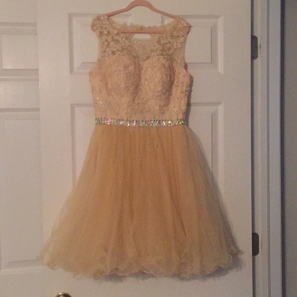 Champagne cocktail dress with beading and lace.